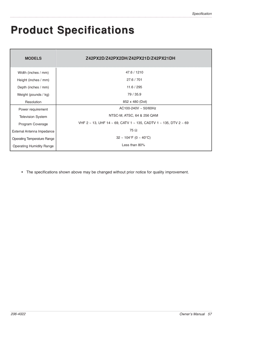 Zenith Z42PX2DH warranty Product Specifications 