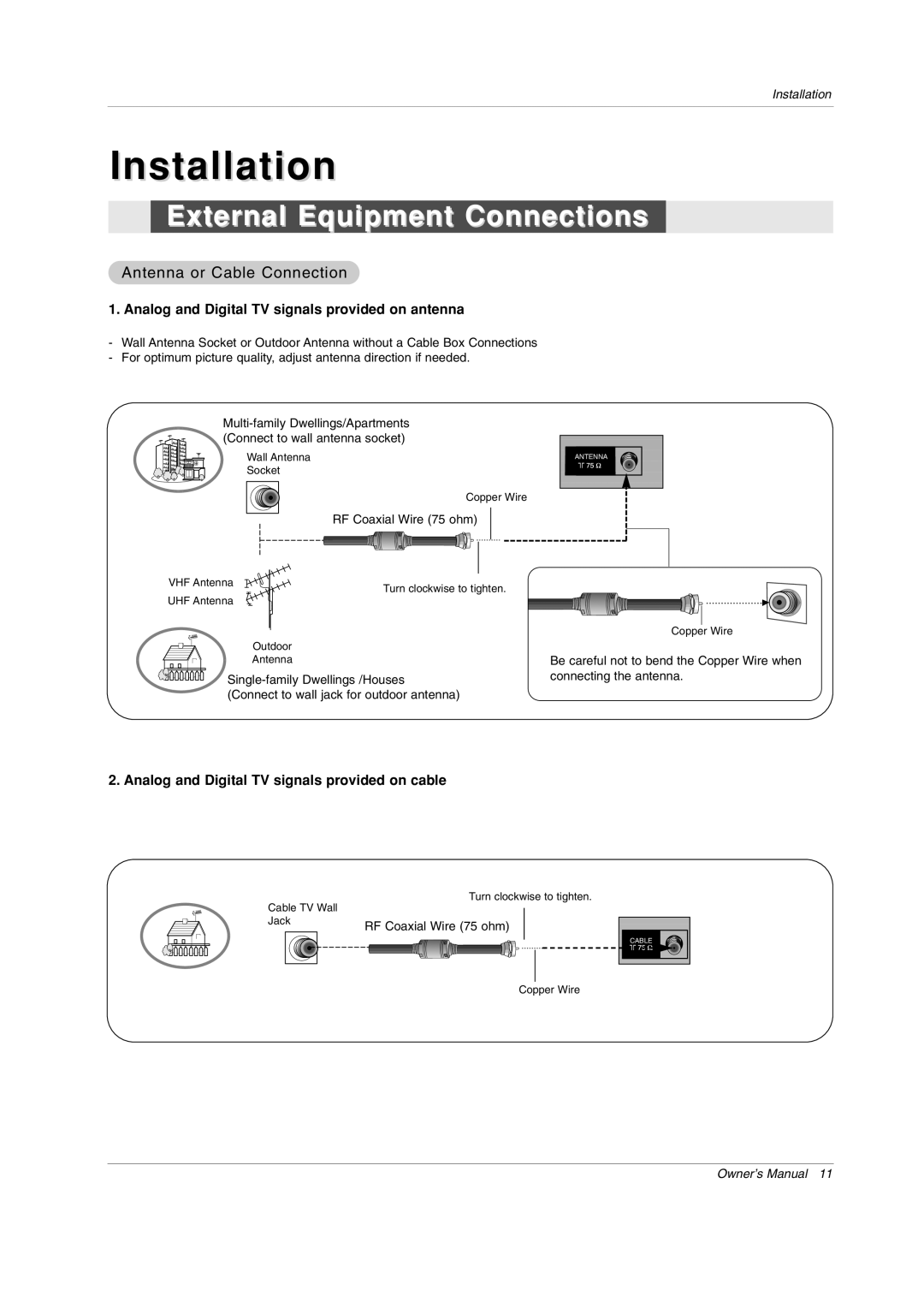 Zenith Z44SZ80, Z52SZ80 warranty Installation, External Equipment Connections, Antenna or Cable Connection 