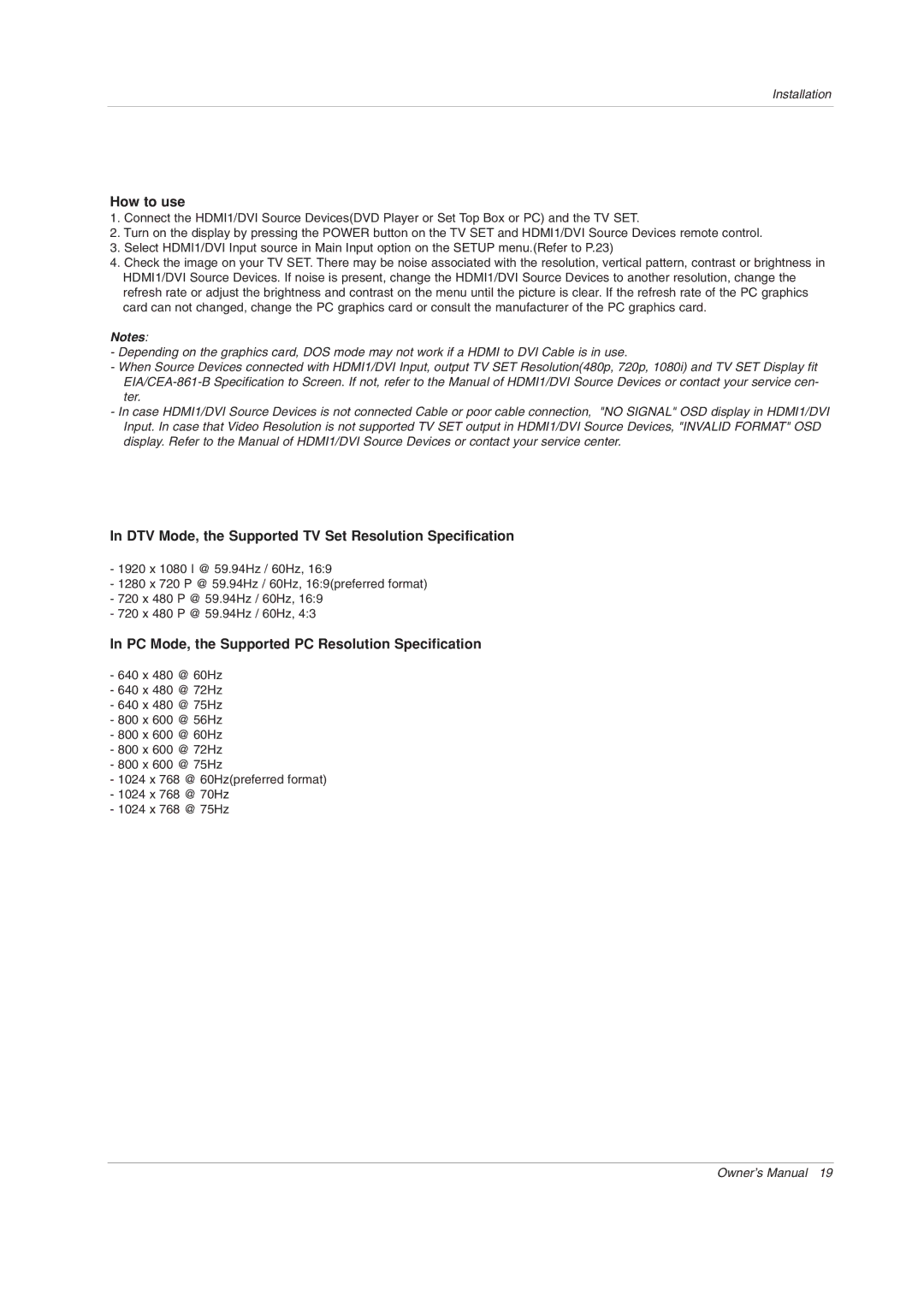 Zenith Z44SZ80 DTV Mode, the Supported TV Set Resolution Specification, PC Mode, the Supported PC Resolution Specification 