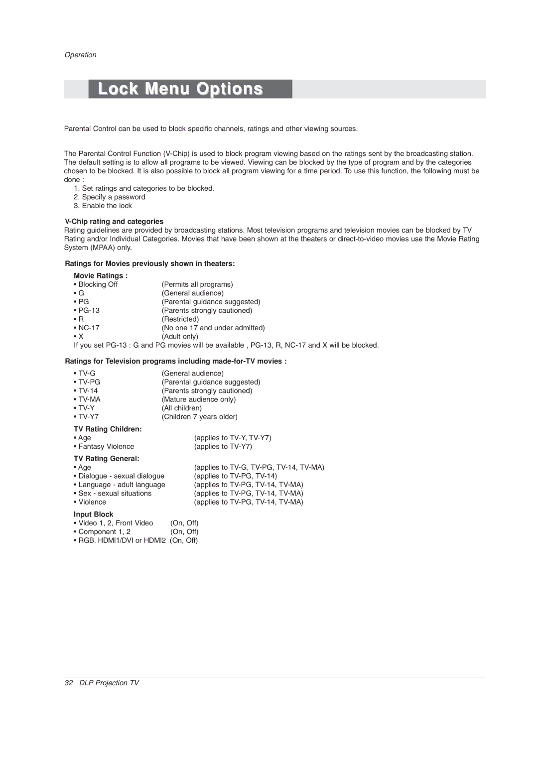 Zenith Z52SZ80, Z44SZ80 warranty Lock Menu Options, Chip rating and categories 