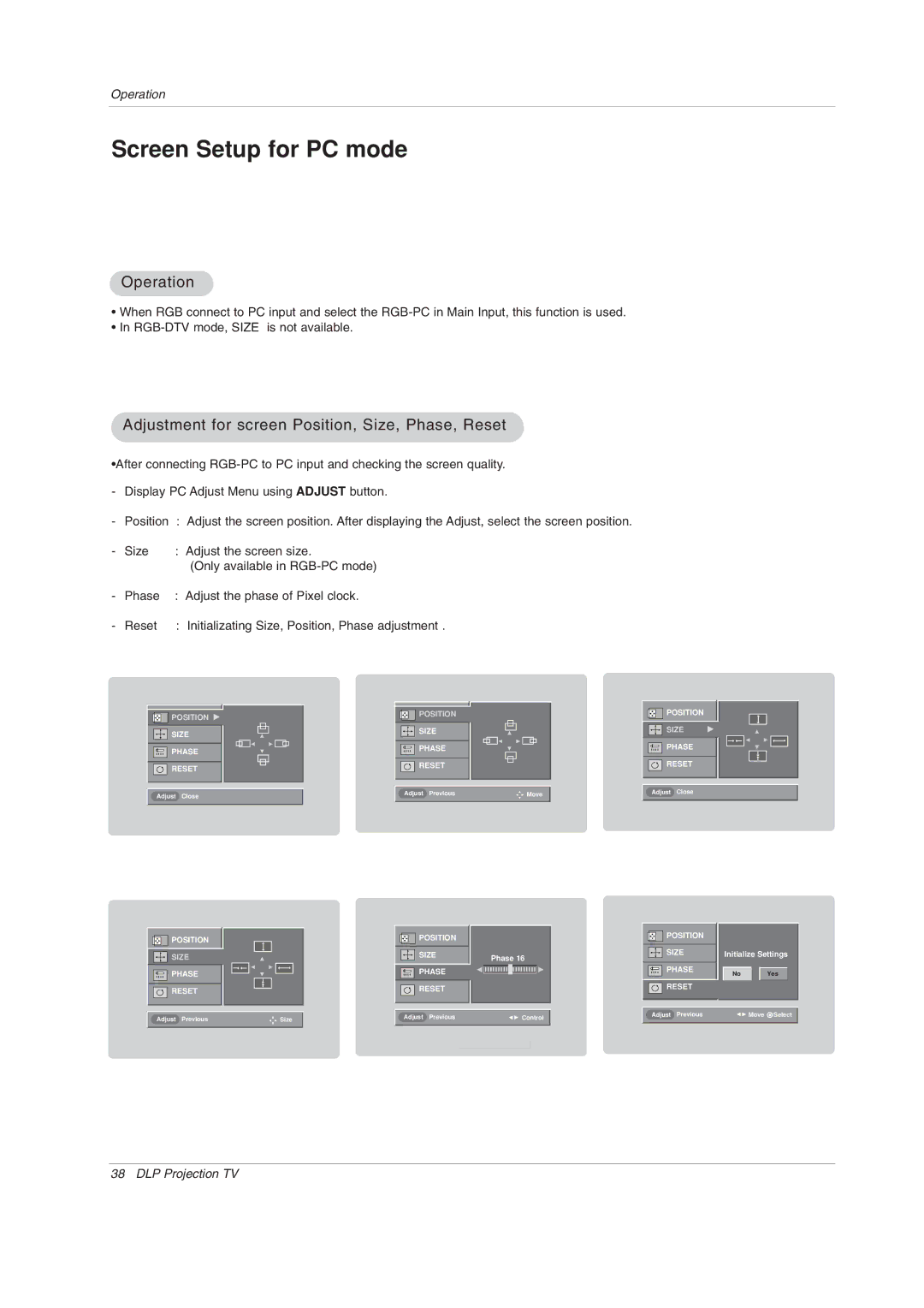 Zenith Z52SZ80, Z44SZ80 warranty Operation, Adjustment for screen Position, Size, Phase, Reset 