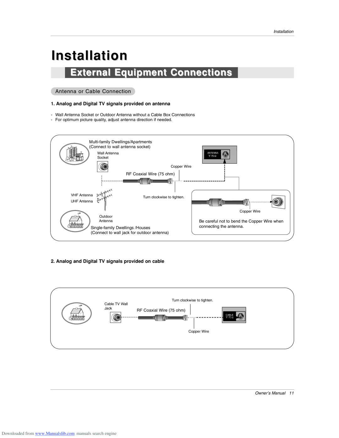 Zenith Z52SZ80 warranty Installation, External Equipment Connections, Antenna or Cable Connection 