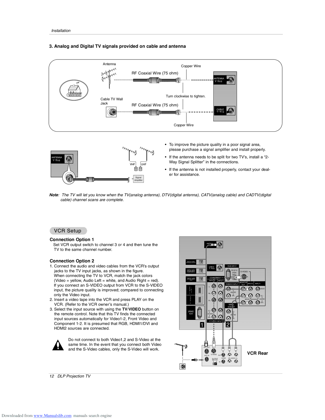 Zenith Z52SZ80 warranty VCR Setup, Analog and Digital TV signals provided on cable and antenna, Connection Option 