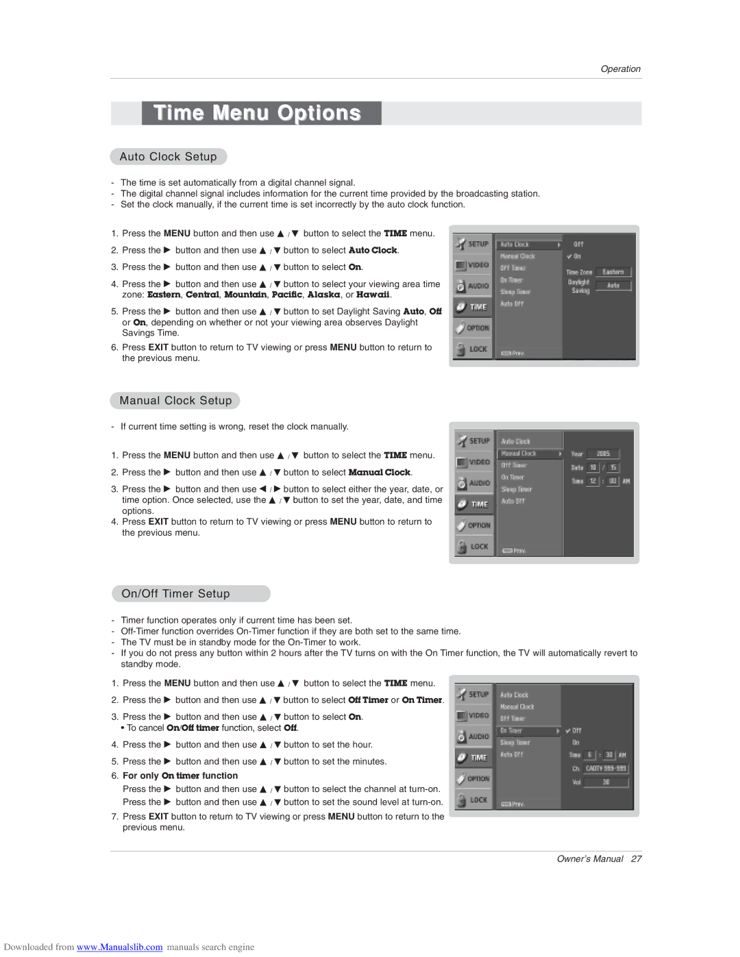 Zenith Z52SZ80 warranty Time Menu Options, Auto Clock Setup, Manual Clock Setup, On/Off Timer Setup 