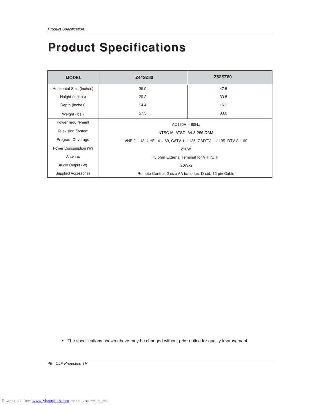 Zenith warranty Product Specifications, Z44SZ80 Z52SZ80 