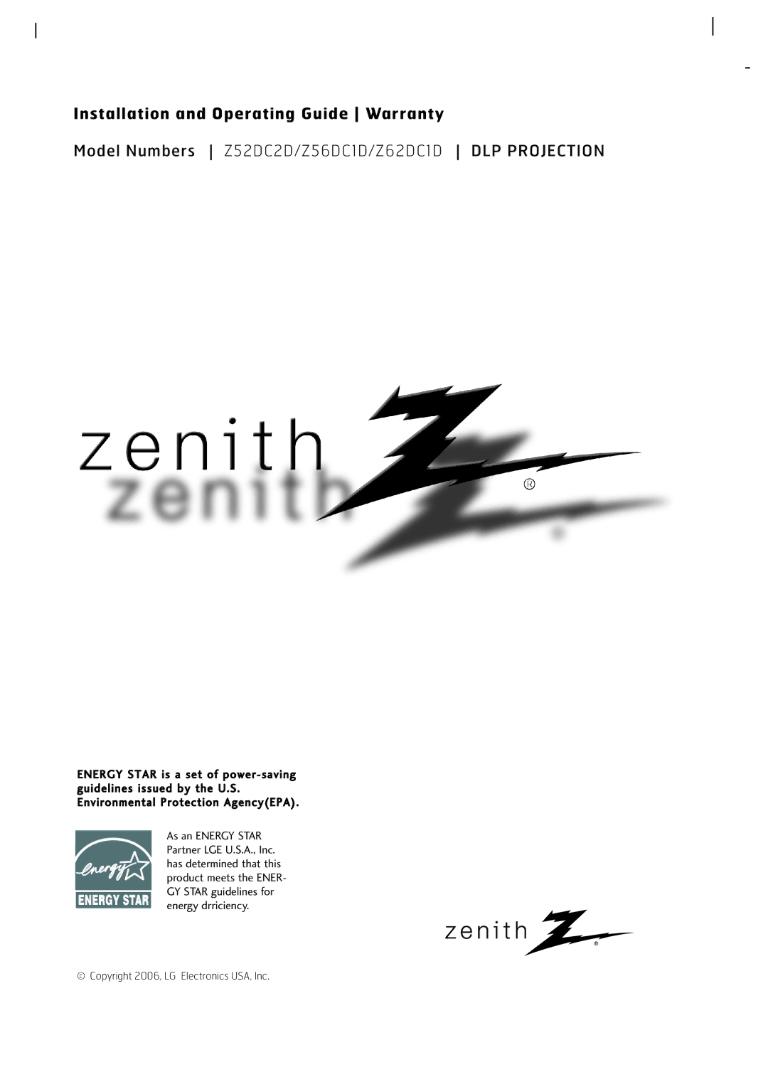 Zenith Z52DC2D, Z56DC1D, Z62DC1D warranty Installation and Operating Guide Warranty 