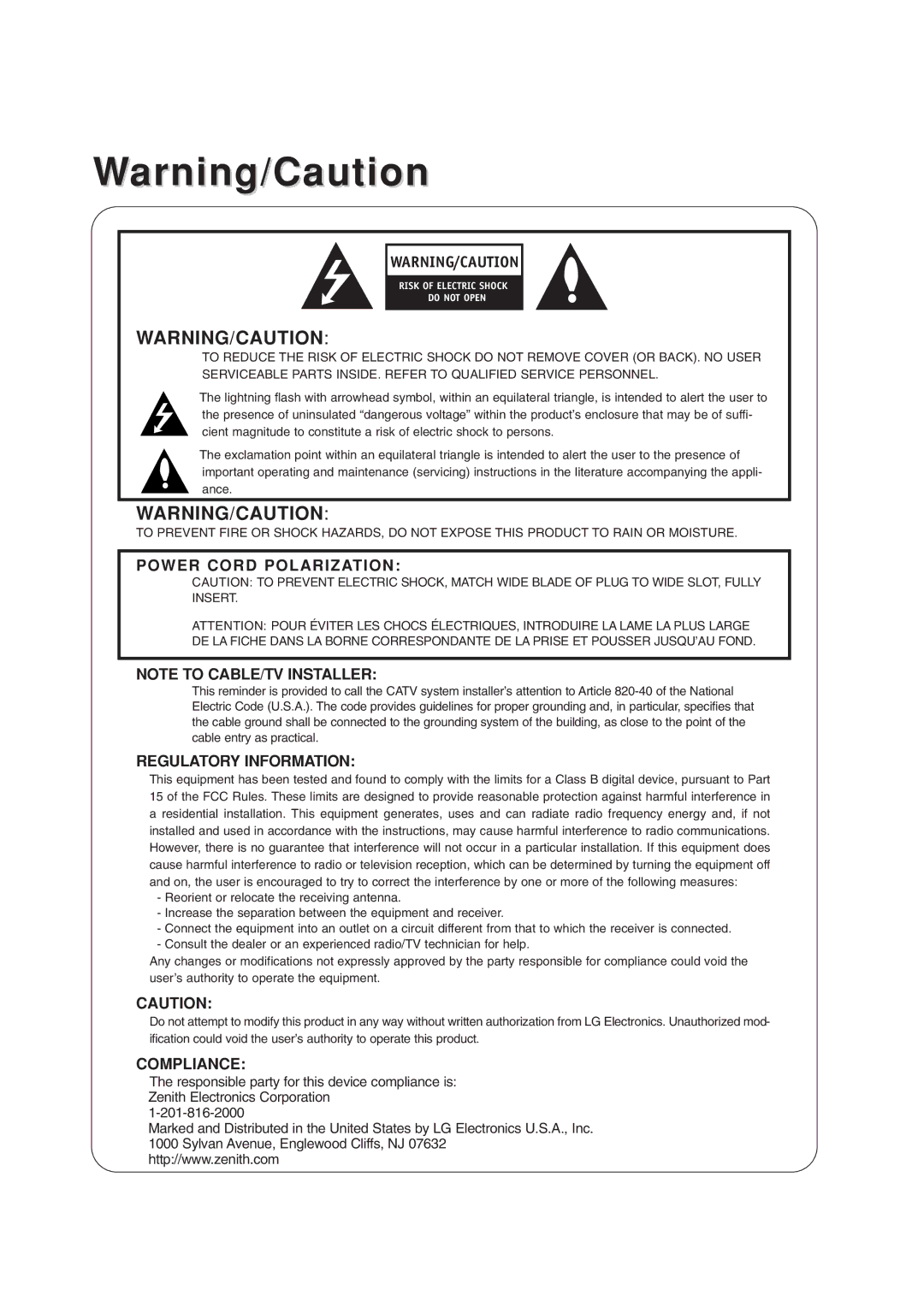 Zenith Z62DC1D, Z56DC1D, Z52DC2D warranty Compliance 