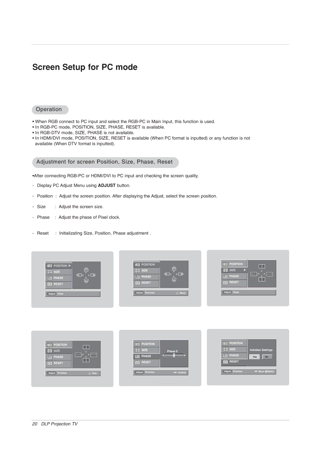 Zenith Z62DC1D, Z56DC1D, Z52DC2D warranty Operation, Adjustment for screen Position, Size, Phase, Reset 