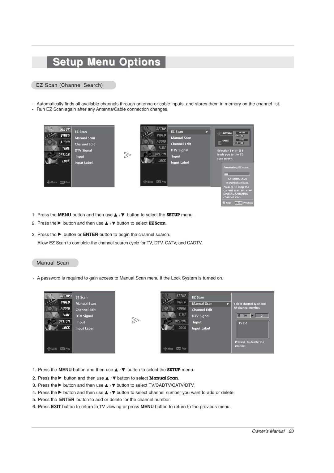 Zenith Z62DC1D, Z56DC1D, Z52DC2D warranty Setup Menu Options, EZ Scan Channel Search, Manual Scan 