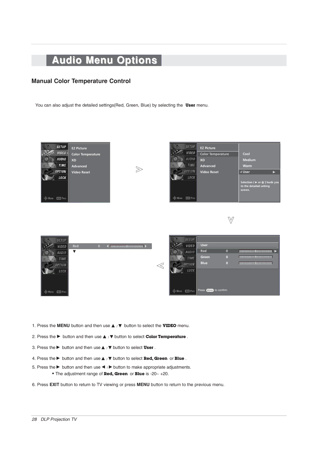 Zenith Z52DC2D, Z56DC1D, Z62DC1D warranty Audio Menu Options, Manual Color Temperature Control 