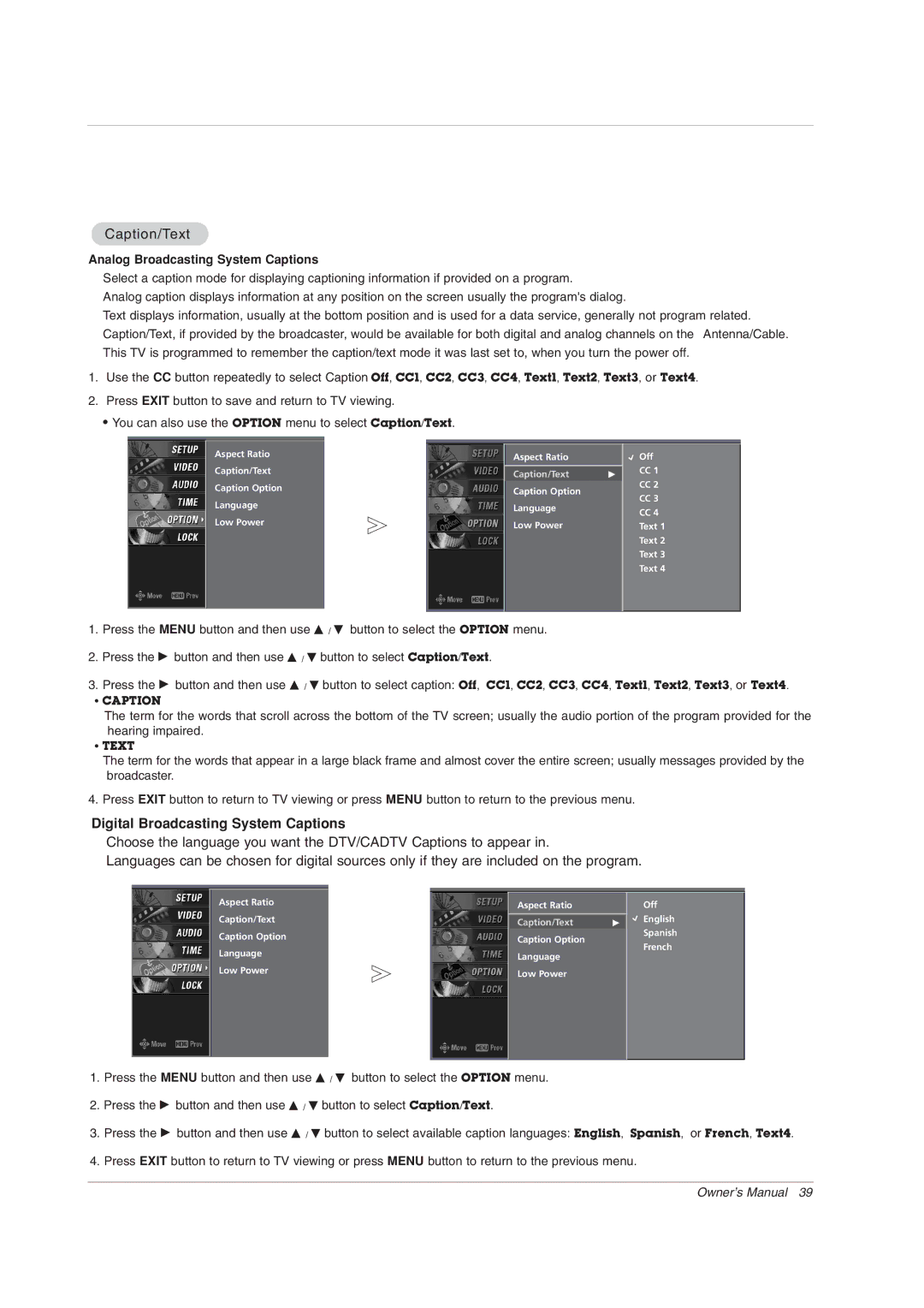 Zenith Z56DC1D, Z52DC2D, Z62DC1D warranty Caption/Text, Digital Broadcasting System Captions 