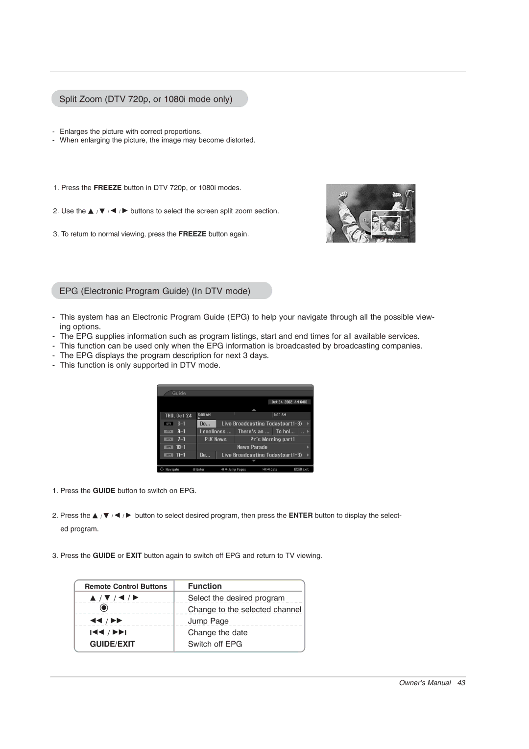 Zenith Z52DC2D, Z56DC1D Split Zoom DTV 720p, or 1080i mode only, EPG Electronic Program Guide In DTV mode, F / G, Function 