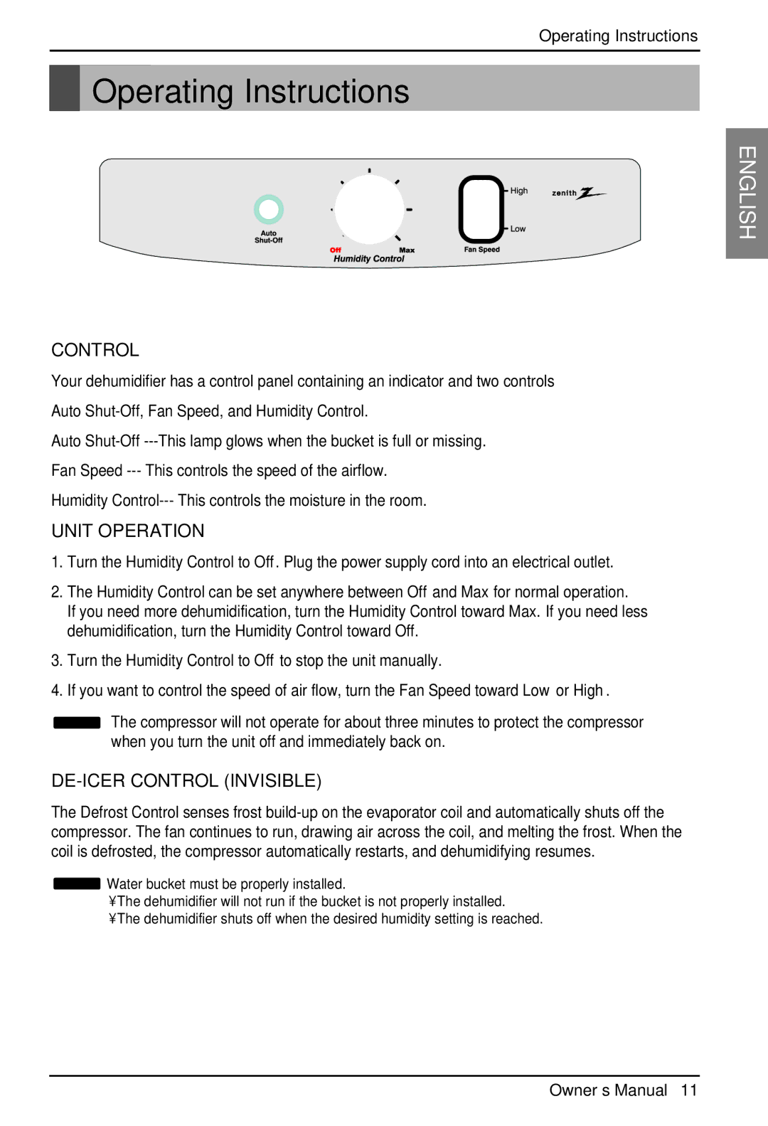 Zenith ZD309 owner manual Operating Instructions, Control 