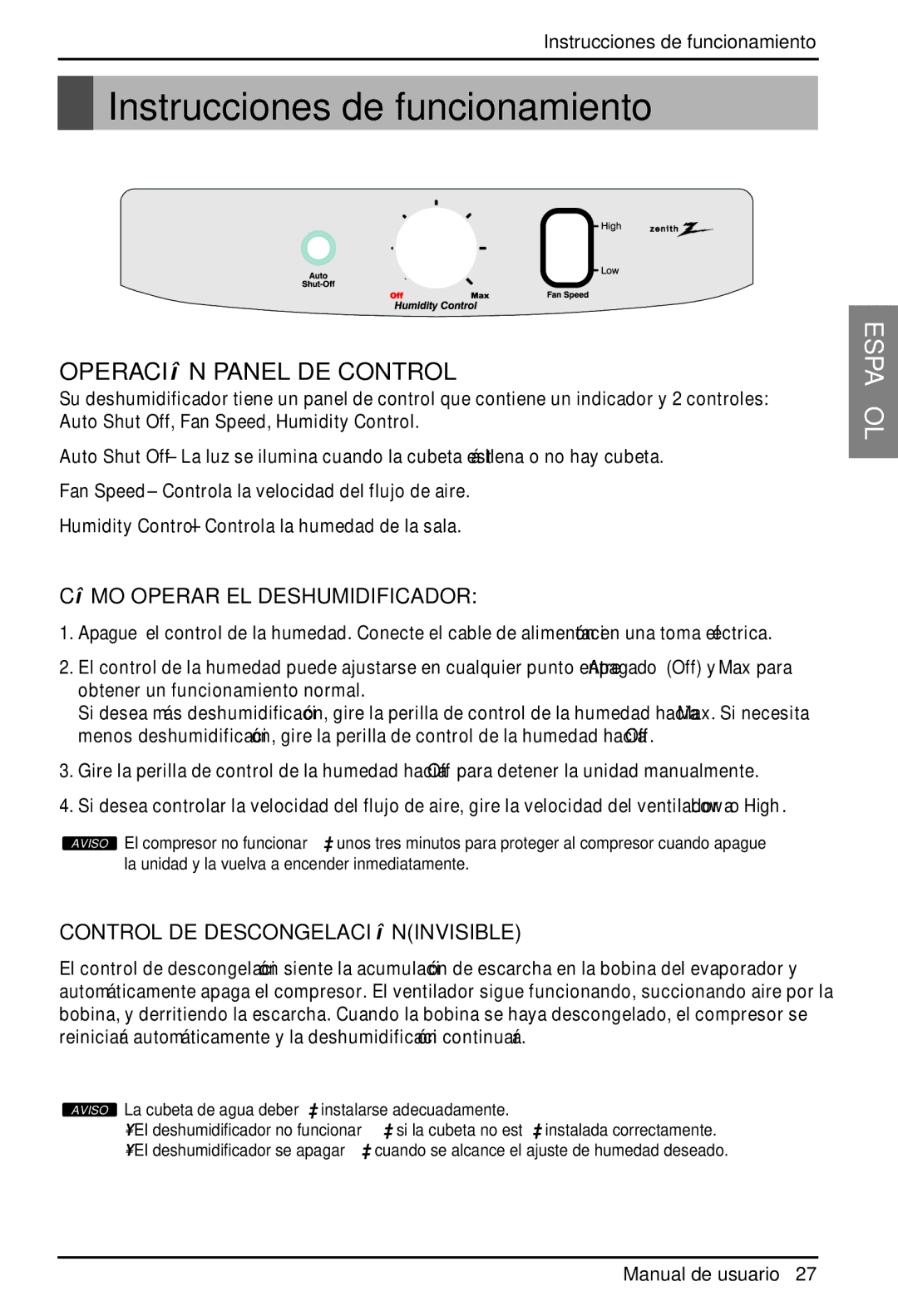 Zenith ZD309 owner manual Instrucciones de funcionamiento, Operació N Panel DE Control 