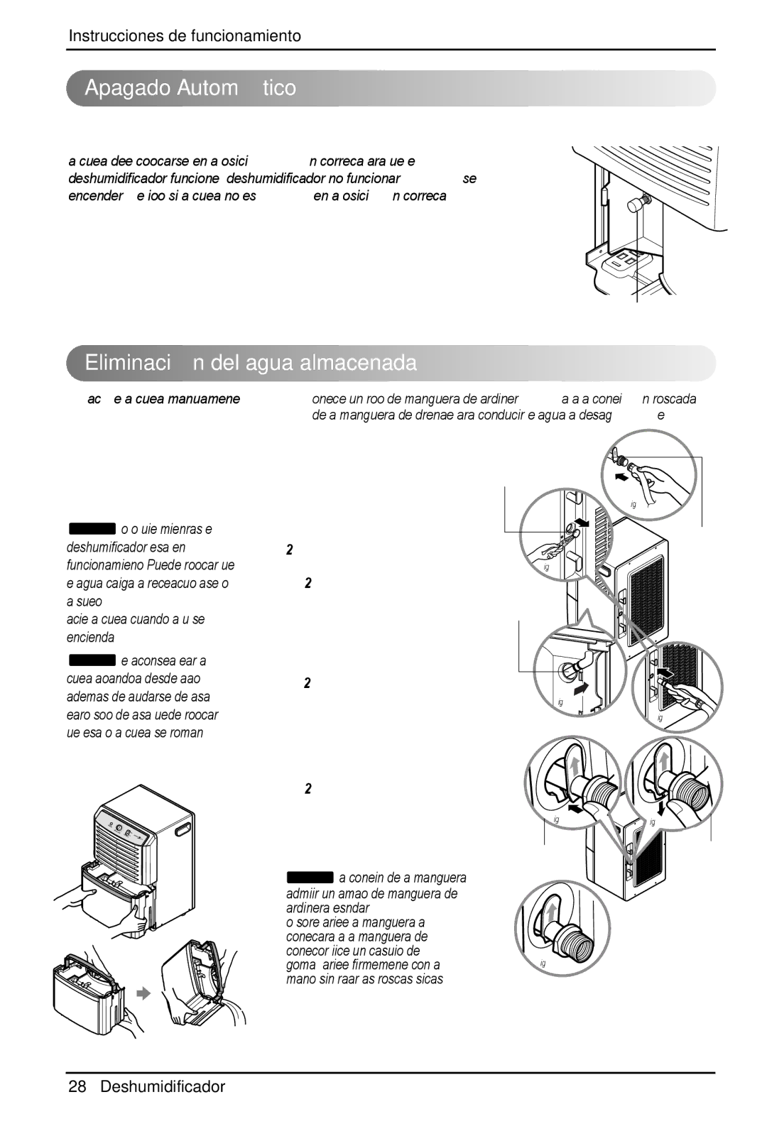 Zenith ZD309 Apagado Automá tico, Eliminació n del agua almacenada, Al suelo Vacie la cubeta cuando la luz se encienda 