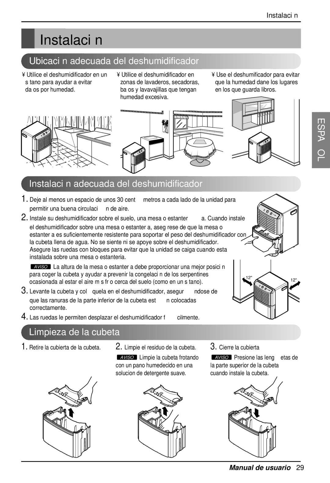 Zenith ZD309 Ubicación adecuada del deshumidificador, Instalación adecuada del deshumidificador, Limpieza de la cubeta 