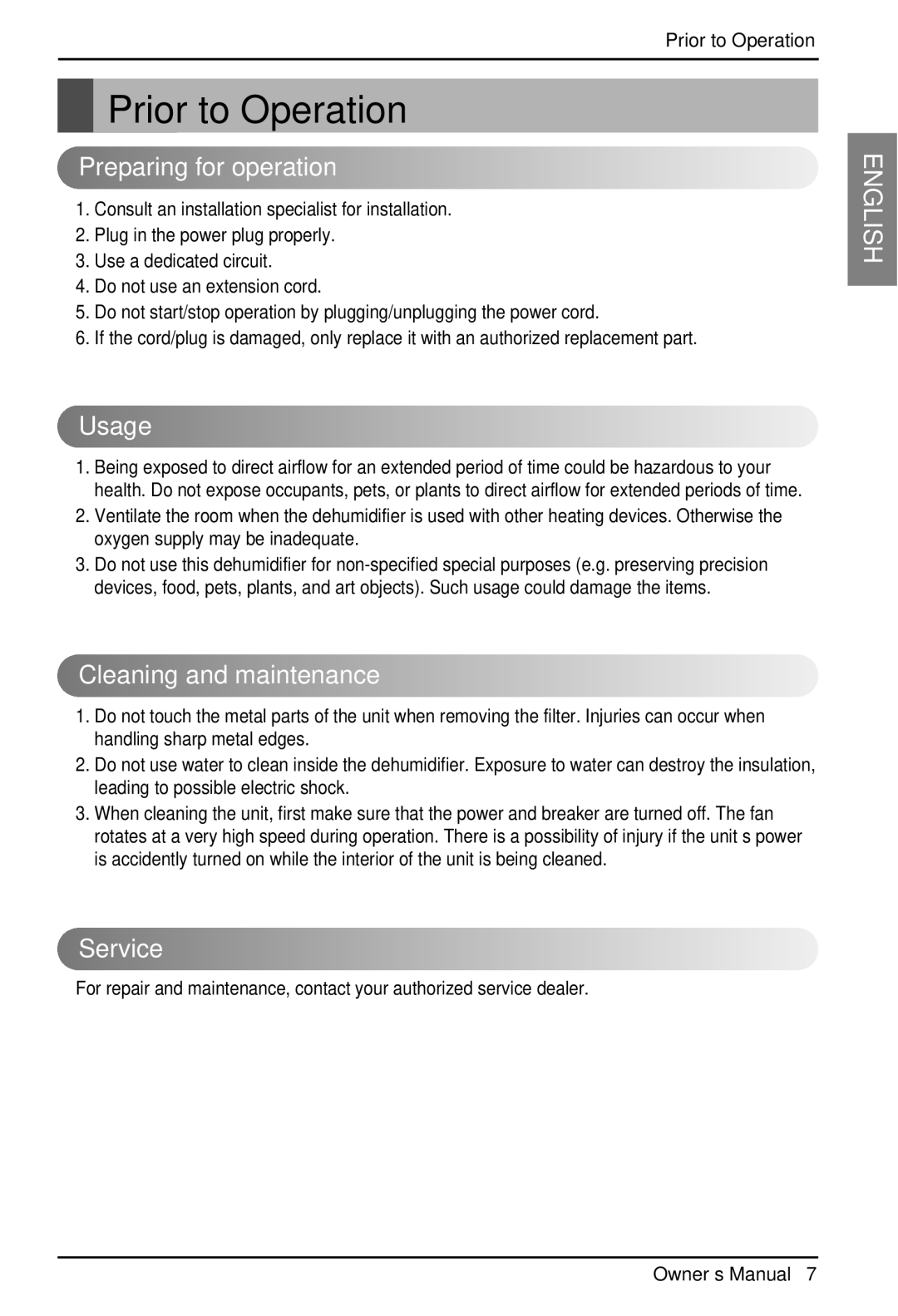 Zenith ZD309 owner manual Prior to Operation, Preparing for operation, Usage, Cleaning and maintenance, Service 