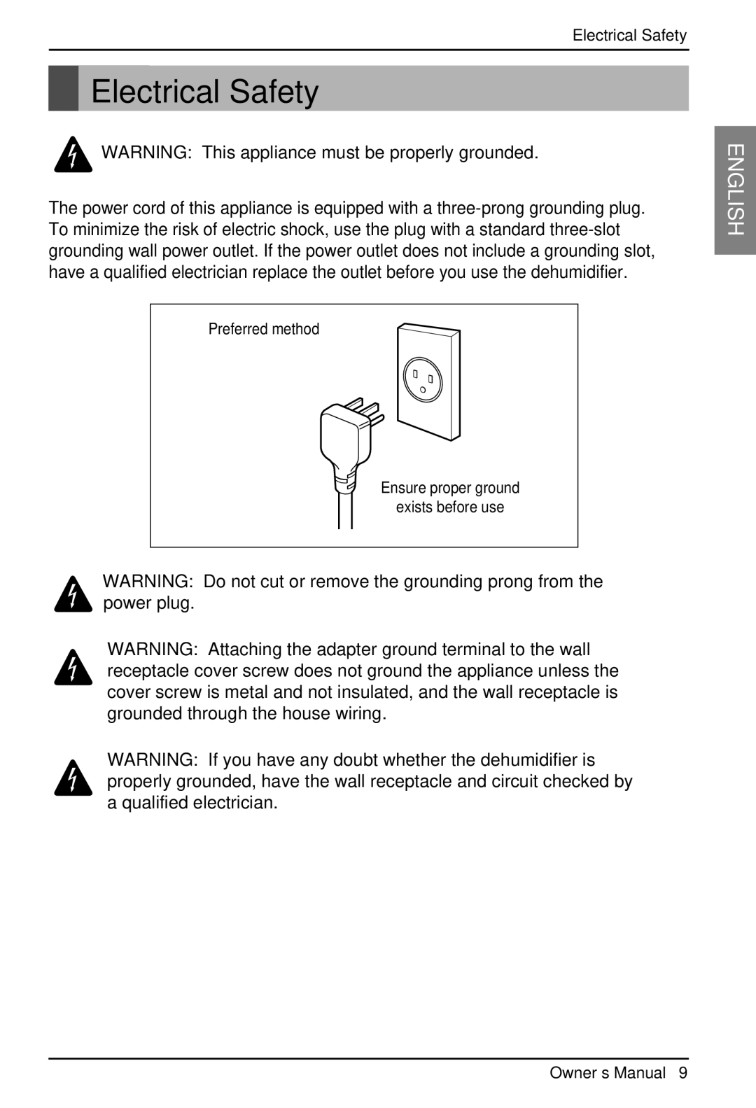 Zenith ZD309 owner manual Electrical Safety 