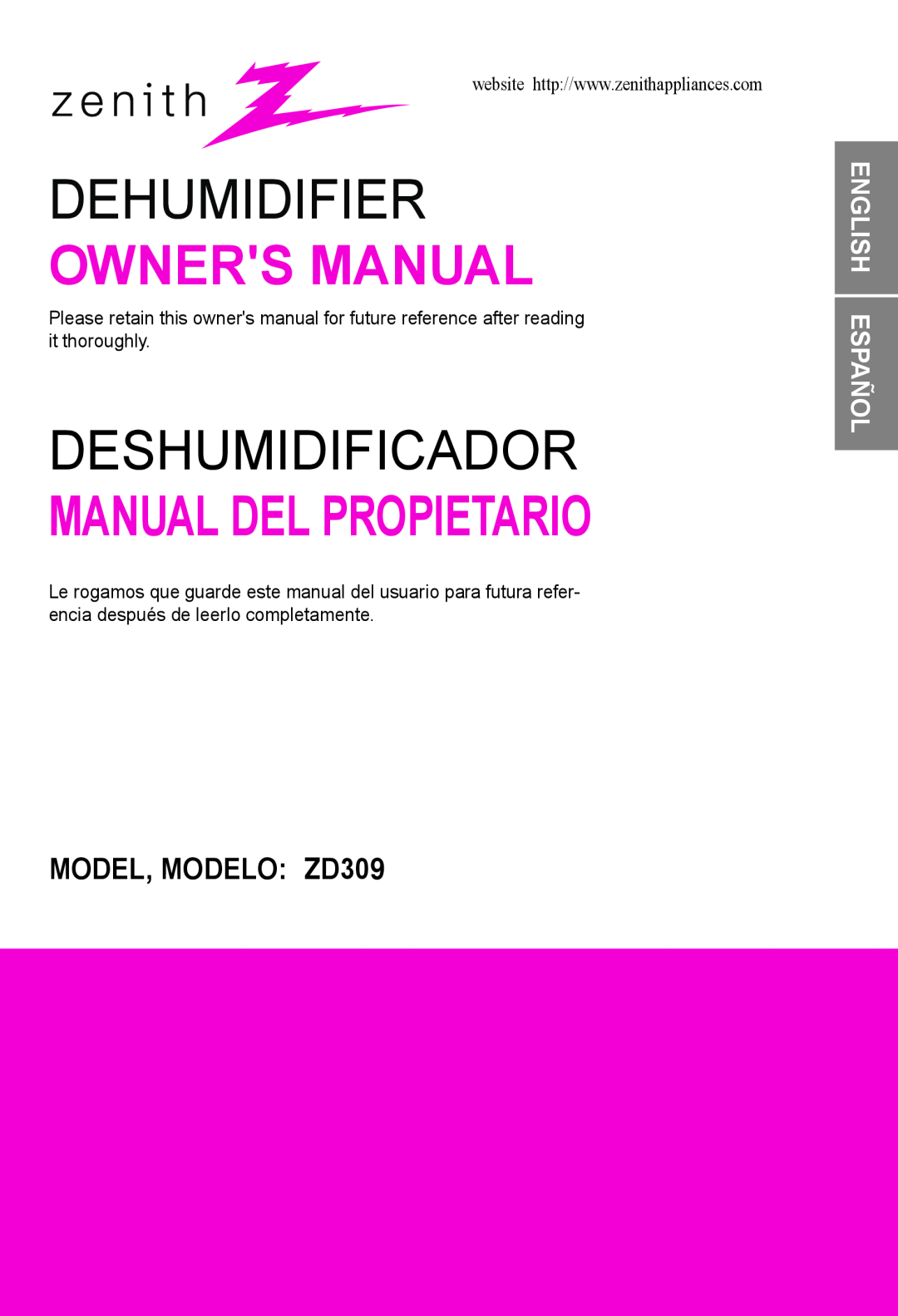 Zenith owner manual English Español, Dehumidifier, Deshumidificador, Manual Del Propietario, MODEL, MODELO ZD309 