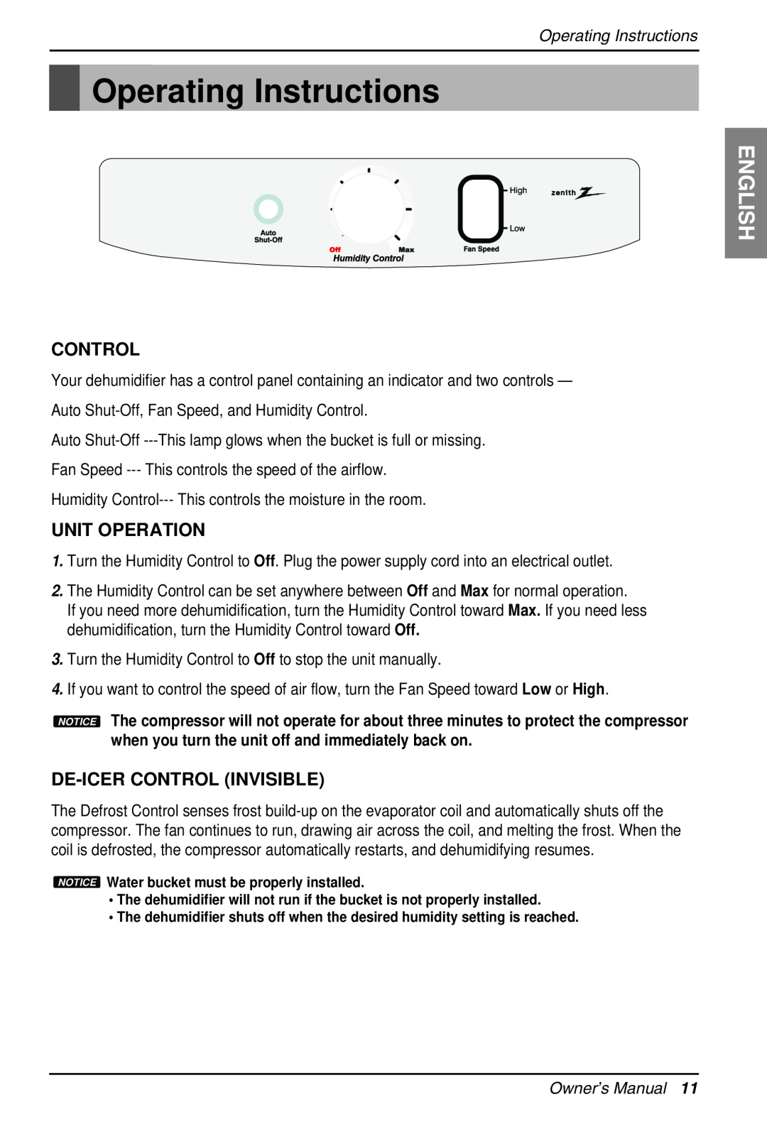 Zenith ZD309 owner manual Operating Instructions, English, Control, Unit Operation, De-Icercontrol Invisible 