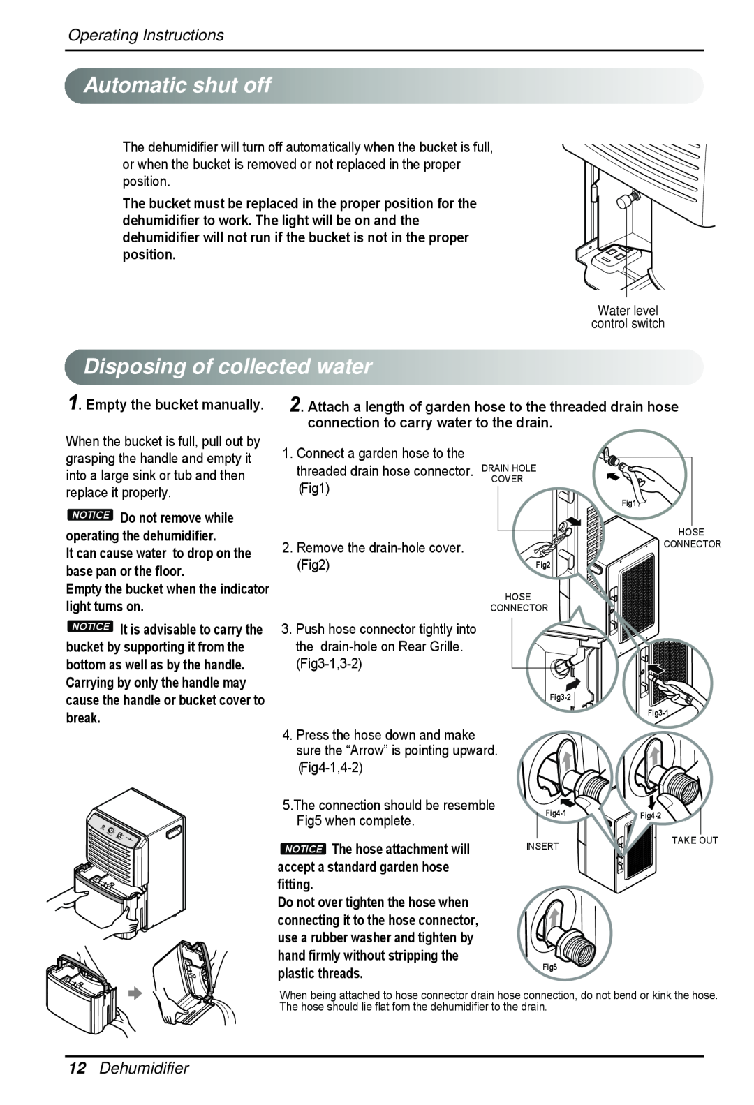 Zenith ZD309 owner manual Automaticshutoff, Disposingof collectedwater, Operating Instructions, 12Dehumidifier 