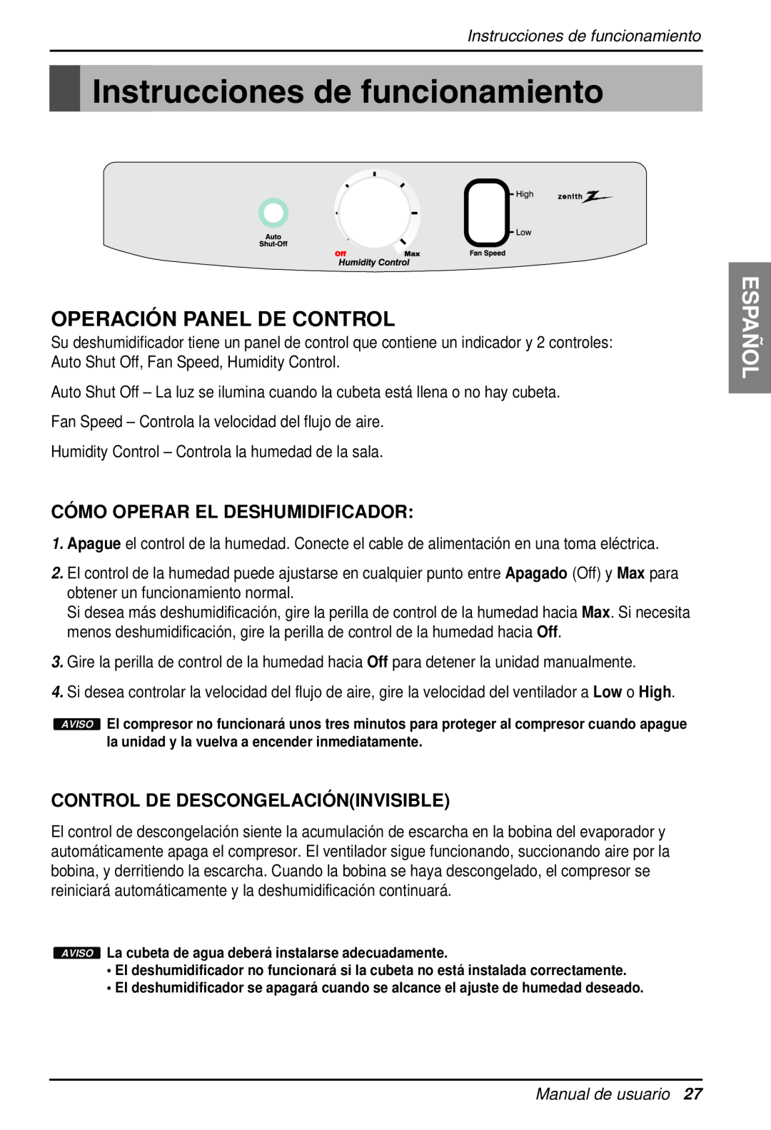 Zenith ZD309 owner manual Instrucciones de funcionamiento, Españ Ol, Operació N Panel De Control, Manual de usuario 