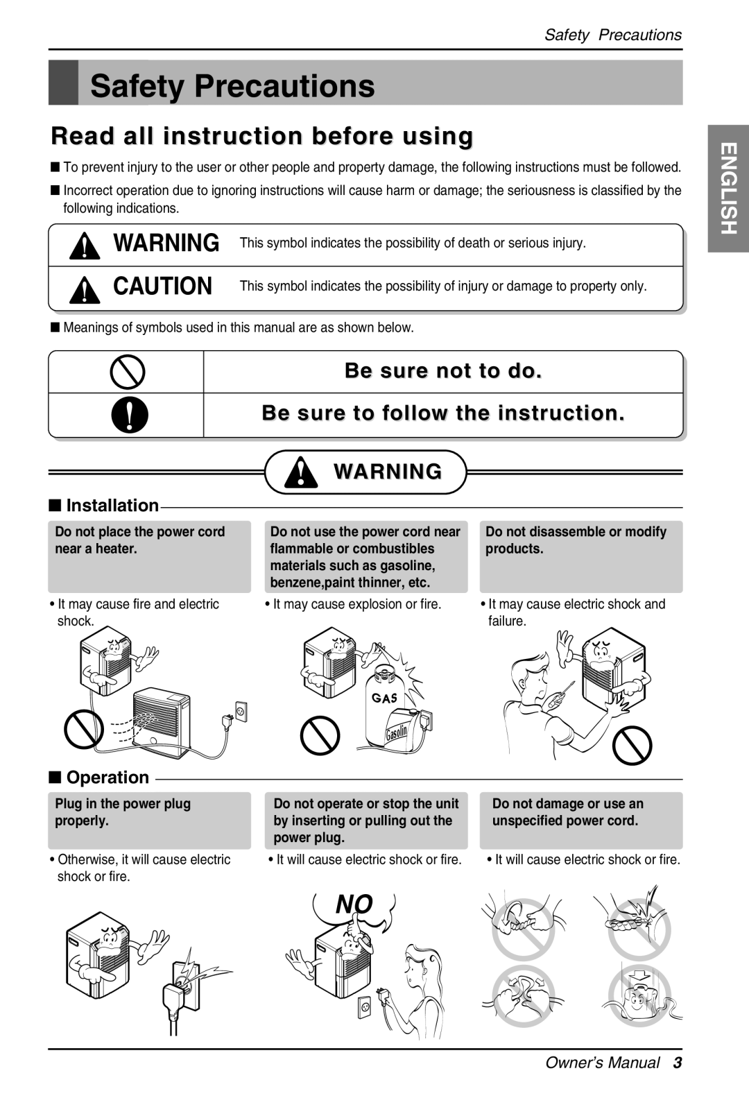 Zenith ZD309 owner manual Safety Precautions, Be sure not to do, Be sure to follow the instruction, English 