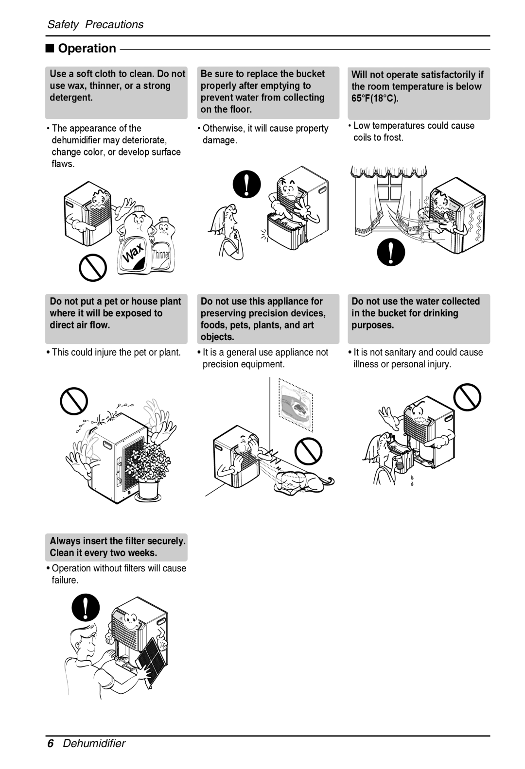 Zenith ZD309 owner manual Safety Precautions, 6Dehumidifier, This could injure the pet or plant 