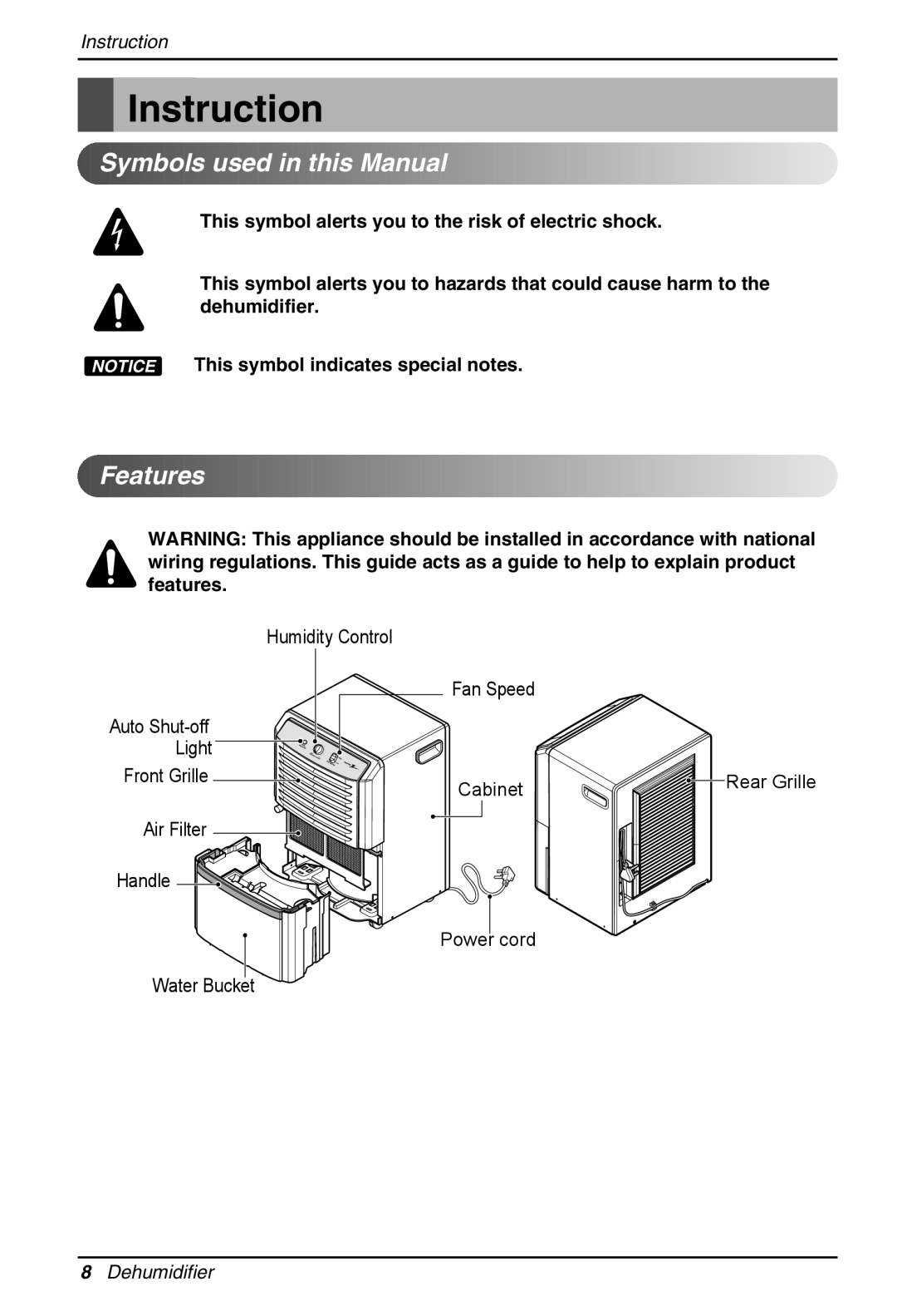 Zenith ZD309 owner manual Instruction, SymbolsusedinthisManual, Features, 8Dehumidifier 