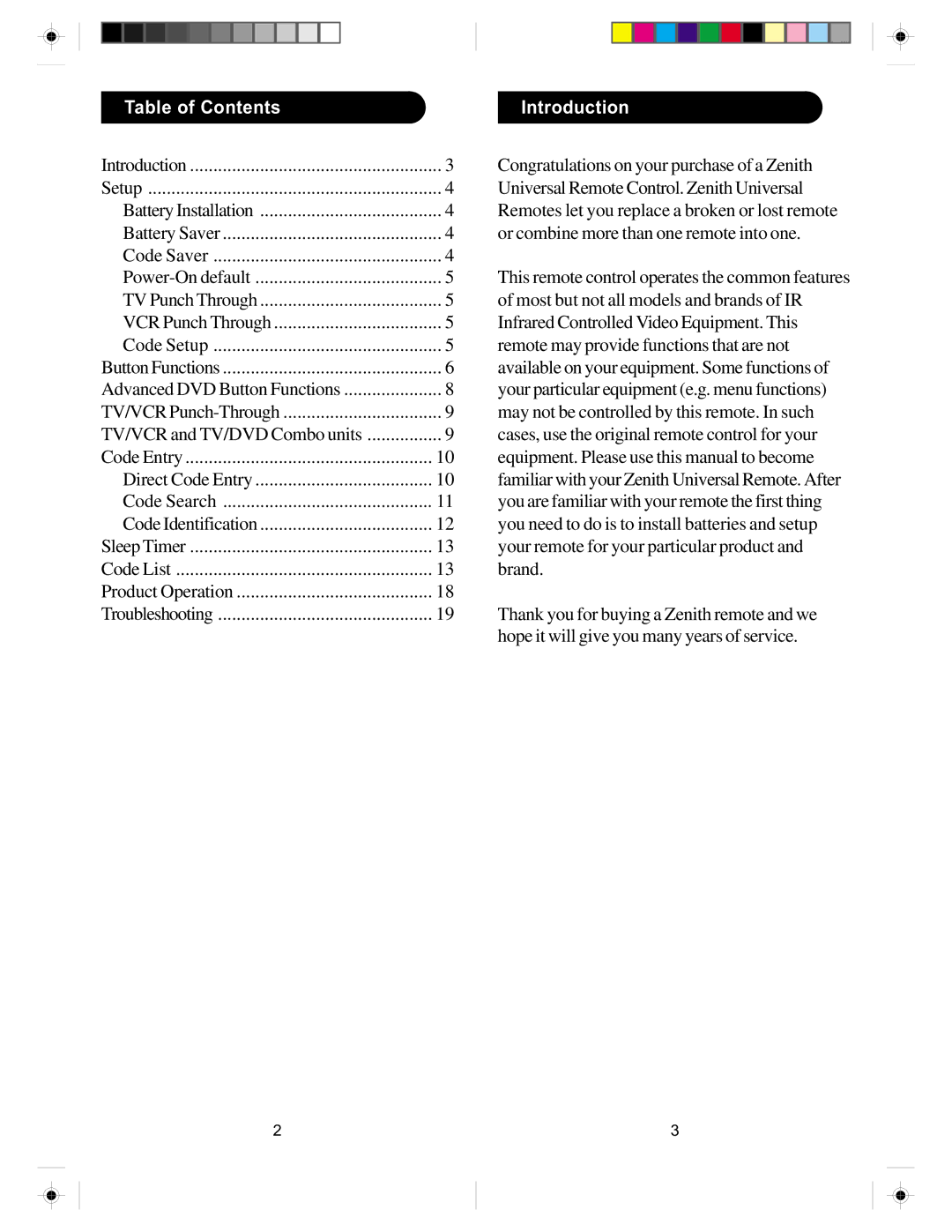 Zenith ZN-411 manual Table of Contents Introduction 