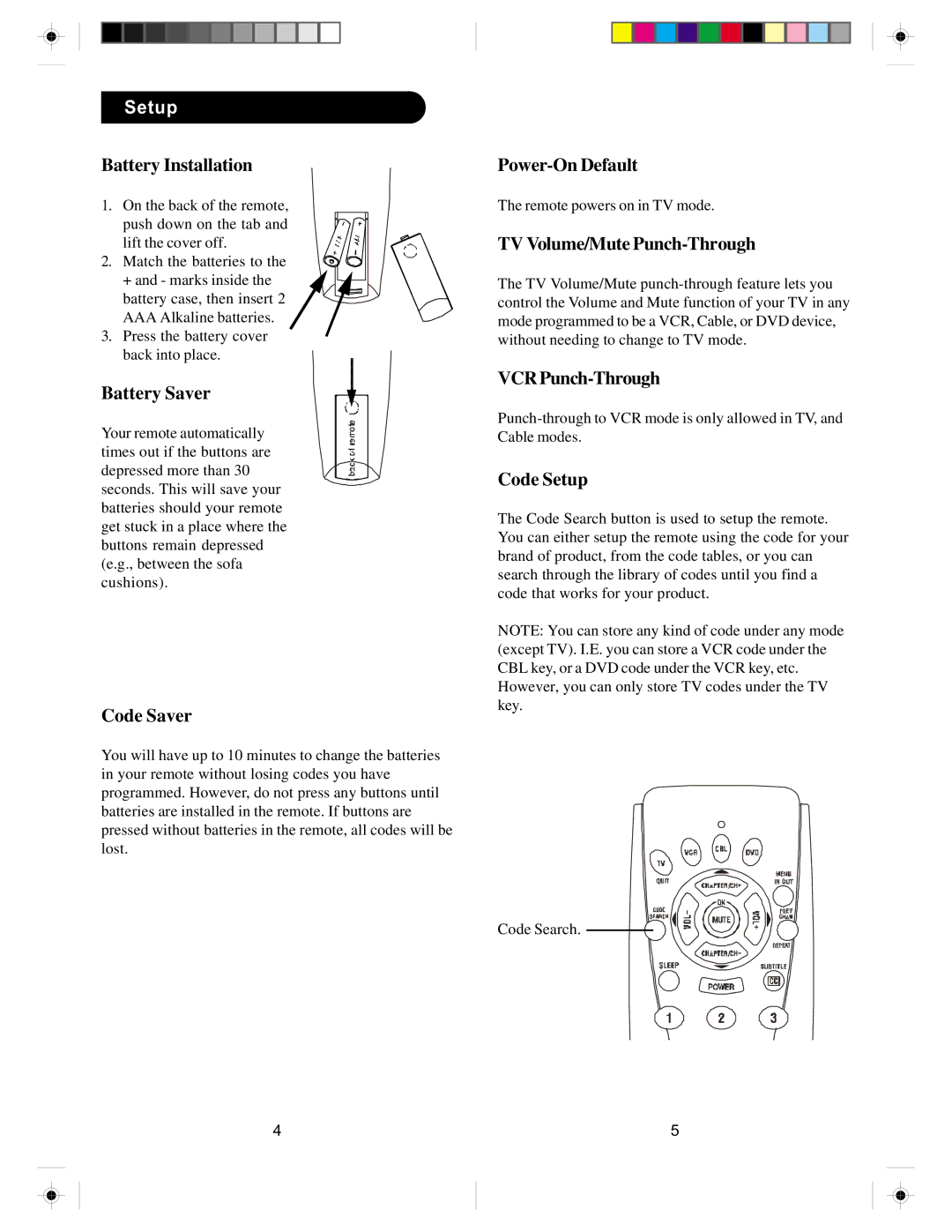 Zenith ZN-411 Battery Installation, Battery Saver, Code Saver, Power-On Default, TV Volume/Mute Punch-Through, Code Setup 