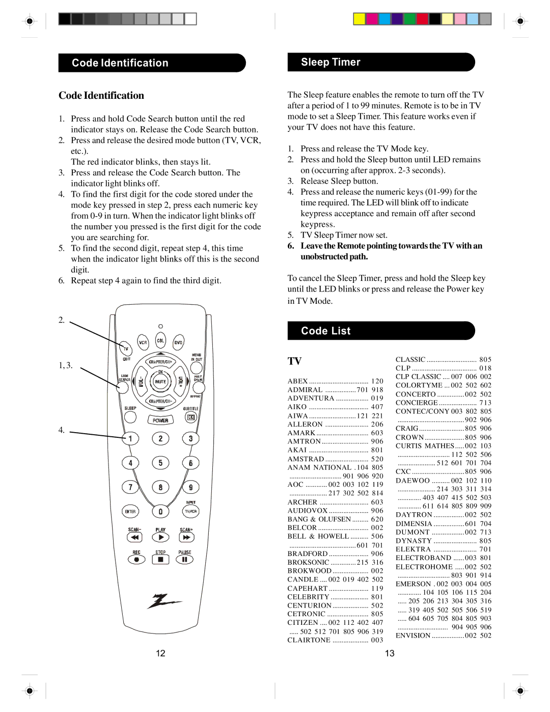 Zenith ZN-411 manual Code Identification, Sleep Timer, Code List 