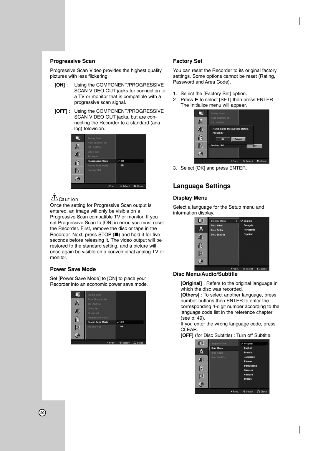 Zenith ZRY-316 warranty Language Settings 