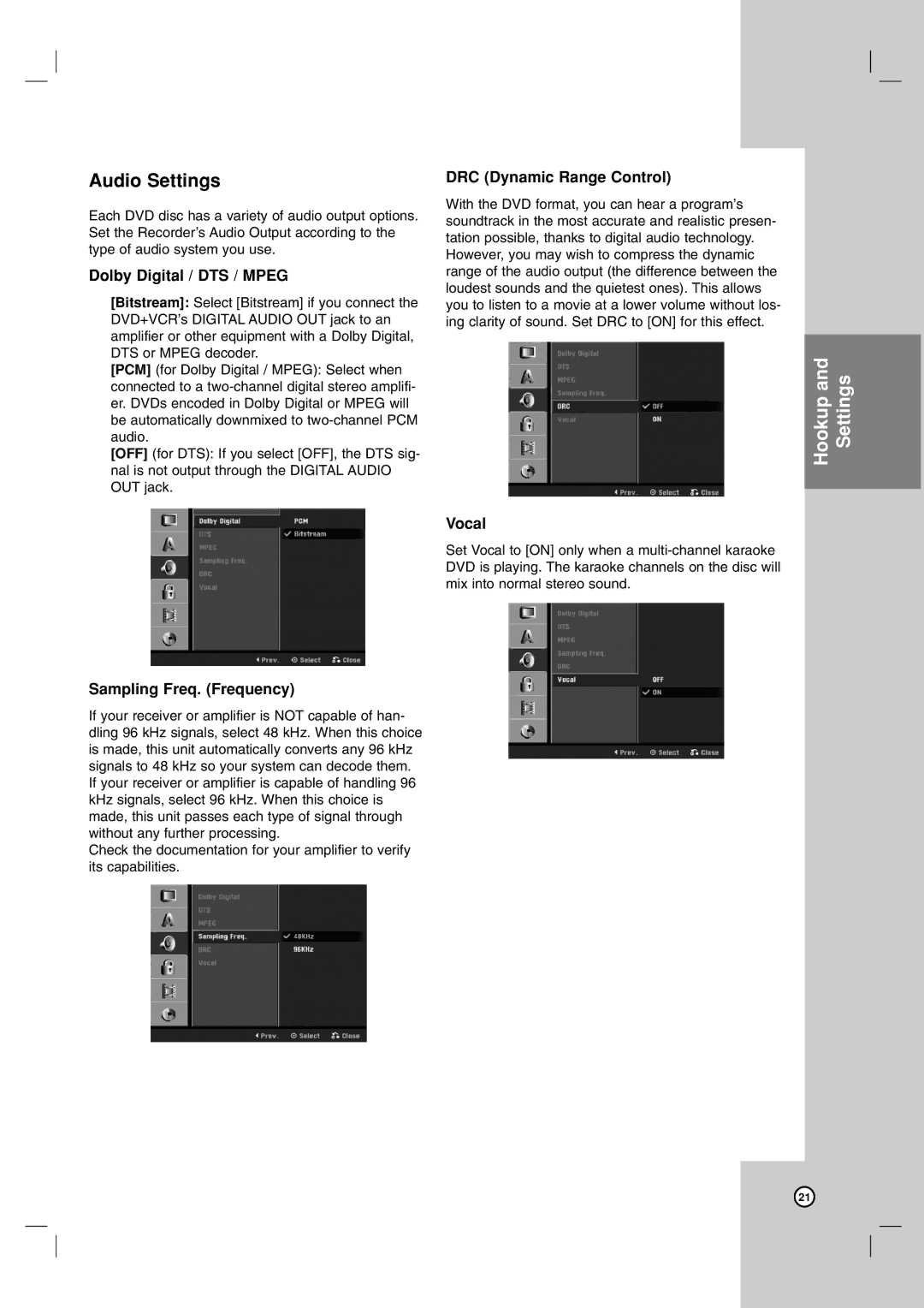 Zenith ZRY-316 Audio Settings, Dolby Digital / DTS / Mpeg, Sampling Freq. Frequency, DRC Dynamic Range Control, Vocal 