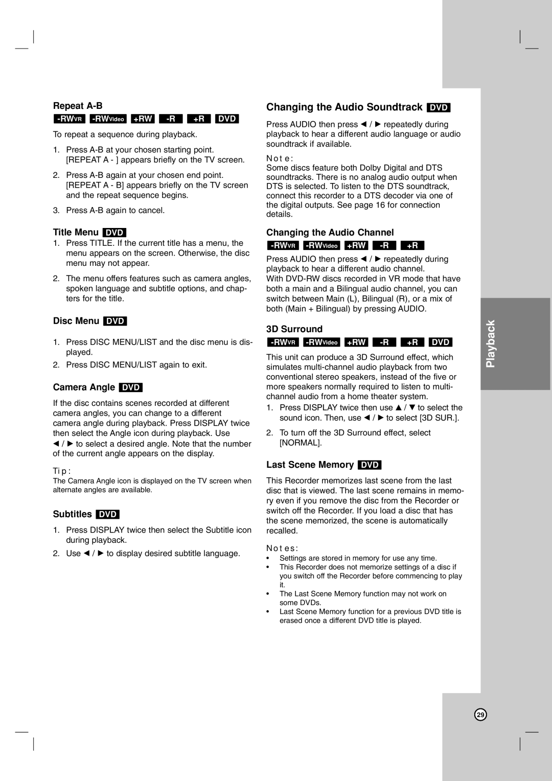 Zenith ZRY-316 Repeat A-B, Title Menu DVD, Disc Menu DVD, Camera Angle DVD, Subtitles DVD, Changing the Audio Channel 