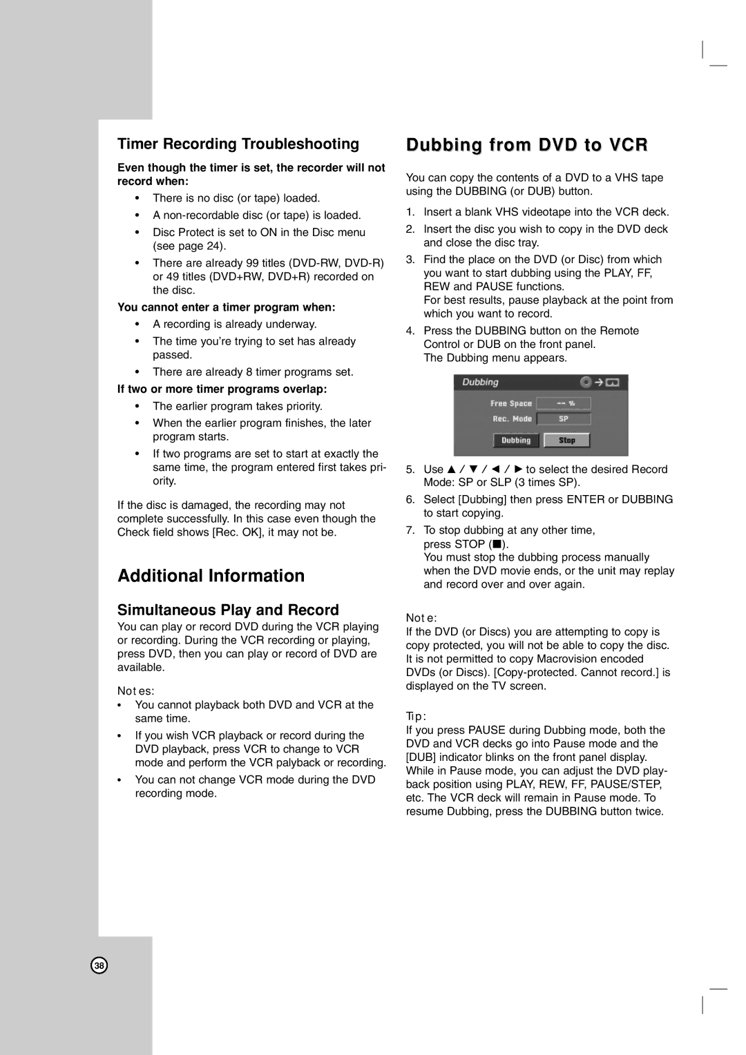 Zenith ZRY-316 warranty Additional Information, Dubbing from DVD to VCR, Timer Recording Troubleshooting 