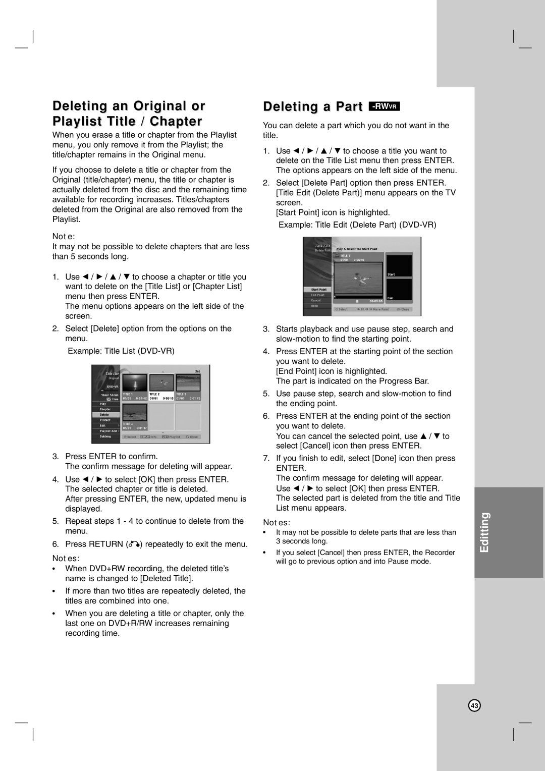 Zenith ZRY-316 warranty Deleting an Original or Playlist Title / Chapter, Deleting a Part -RWVR 