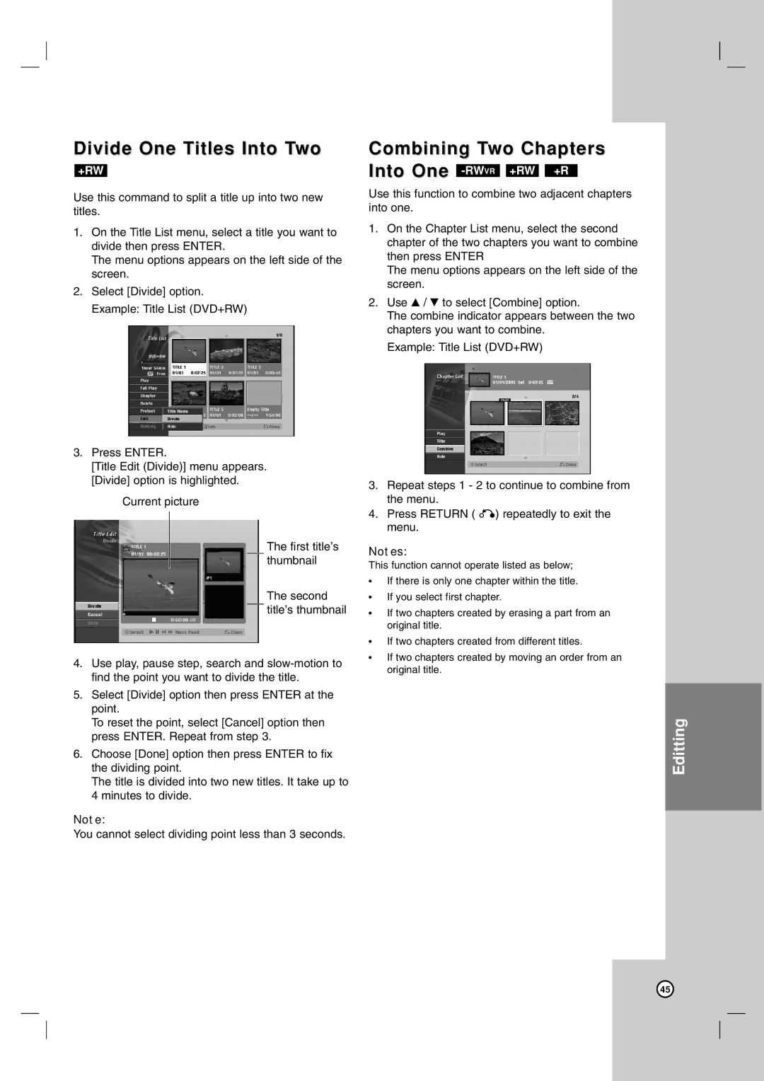 Zenith ZRY-316 warranty Divide One Titles Into Two, Combining Two Chapters Into One -RWVR+RW +R 