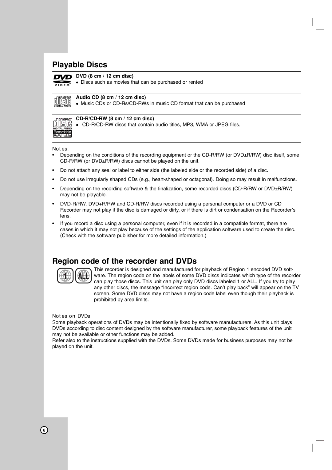 Zenith ZRY-316 Playable Discs, Region code of the recorder and DVDs, DVD 8 cm / 12 cm disc, Audio CD 8 cm / 12 cm disc 