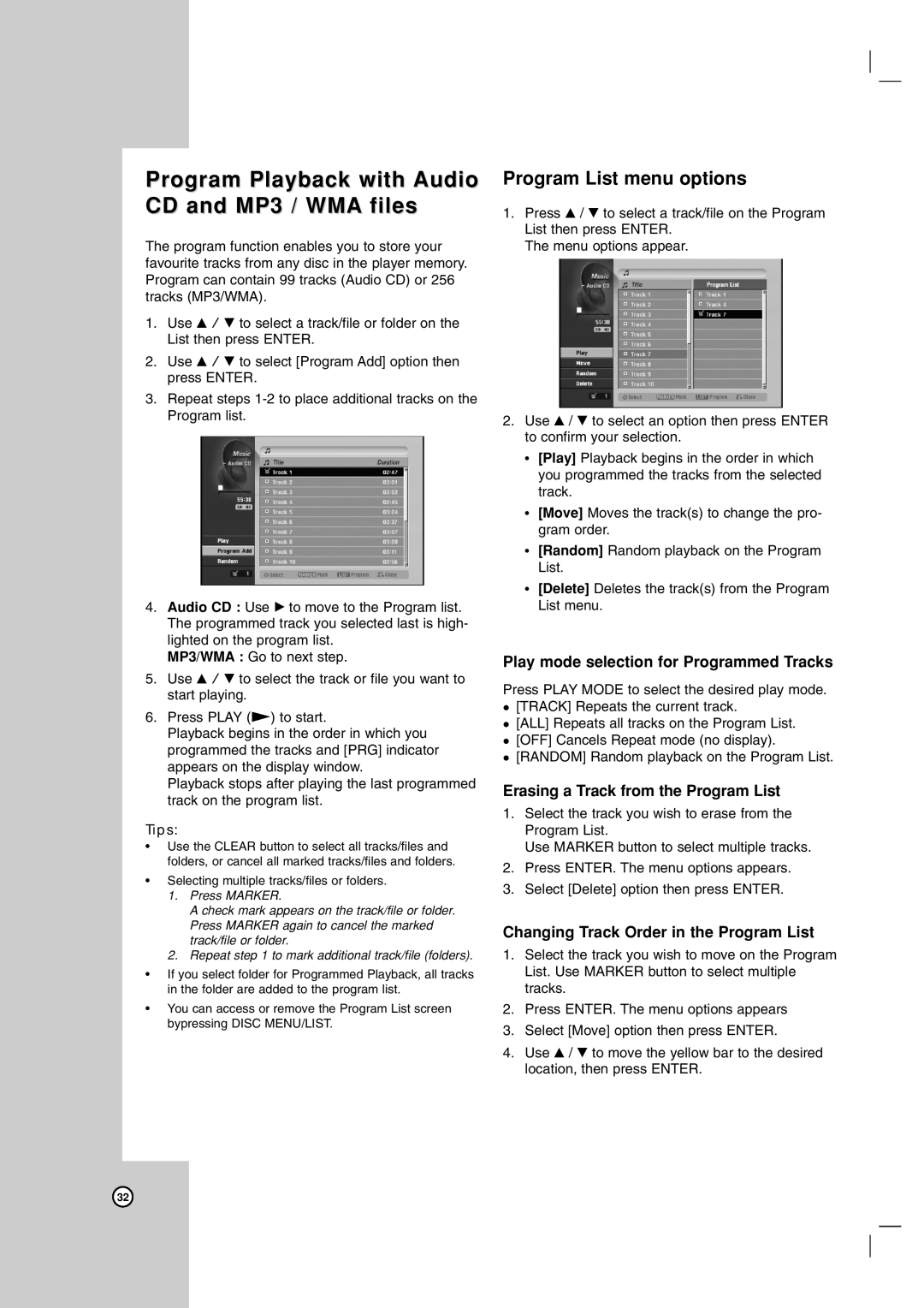 Zenith ZRY-316 warranty Program Playback with Audio CD and MP3 / WMA files, Program List menu options, Tips 