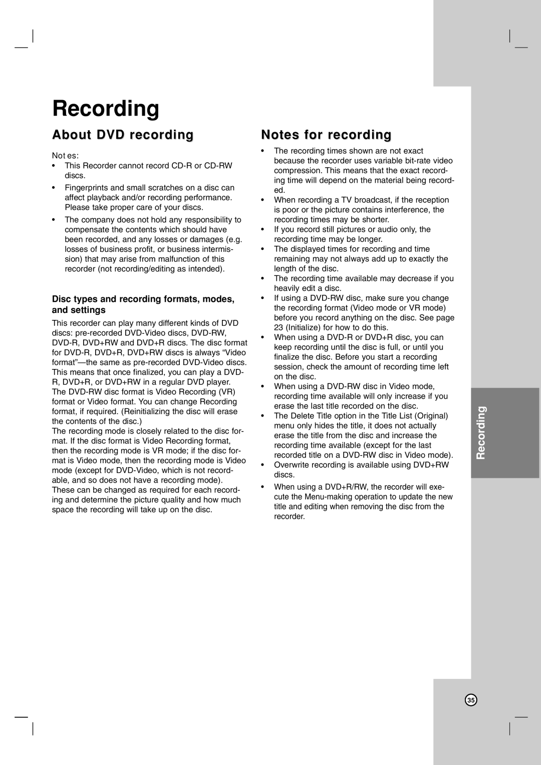Zenith ZRY-316 Recording, About DVD recording, Notes for recording, Disc types and recording formats, modes, and settings 