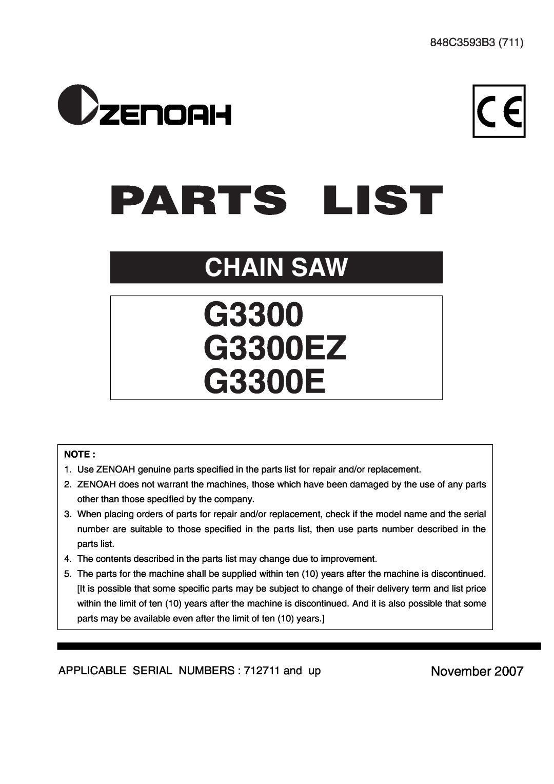 Zenoah manual Parts List, G3300 G3300EZ G3300E, Chain Saw, November, 848C3593B3 