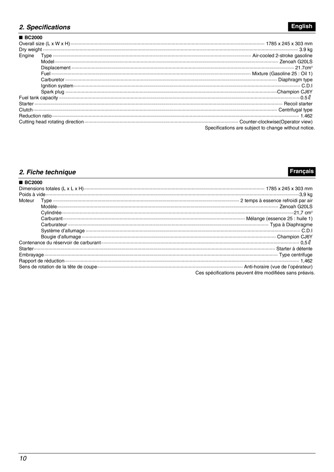 Zenoah BC2000 manual Specifications, Fiche technique 