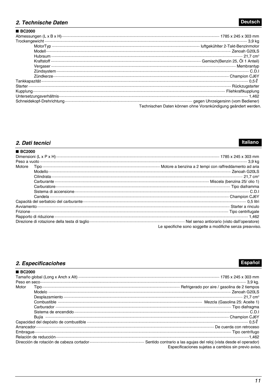 Zenoah BC2000 manual Technische Daten, Dati tecnici, Especificaciohes 