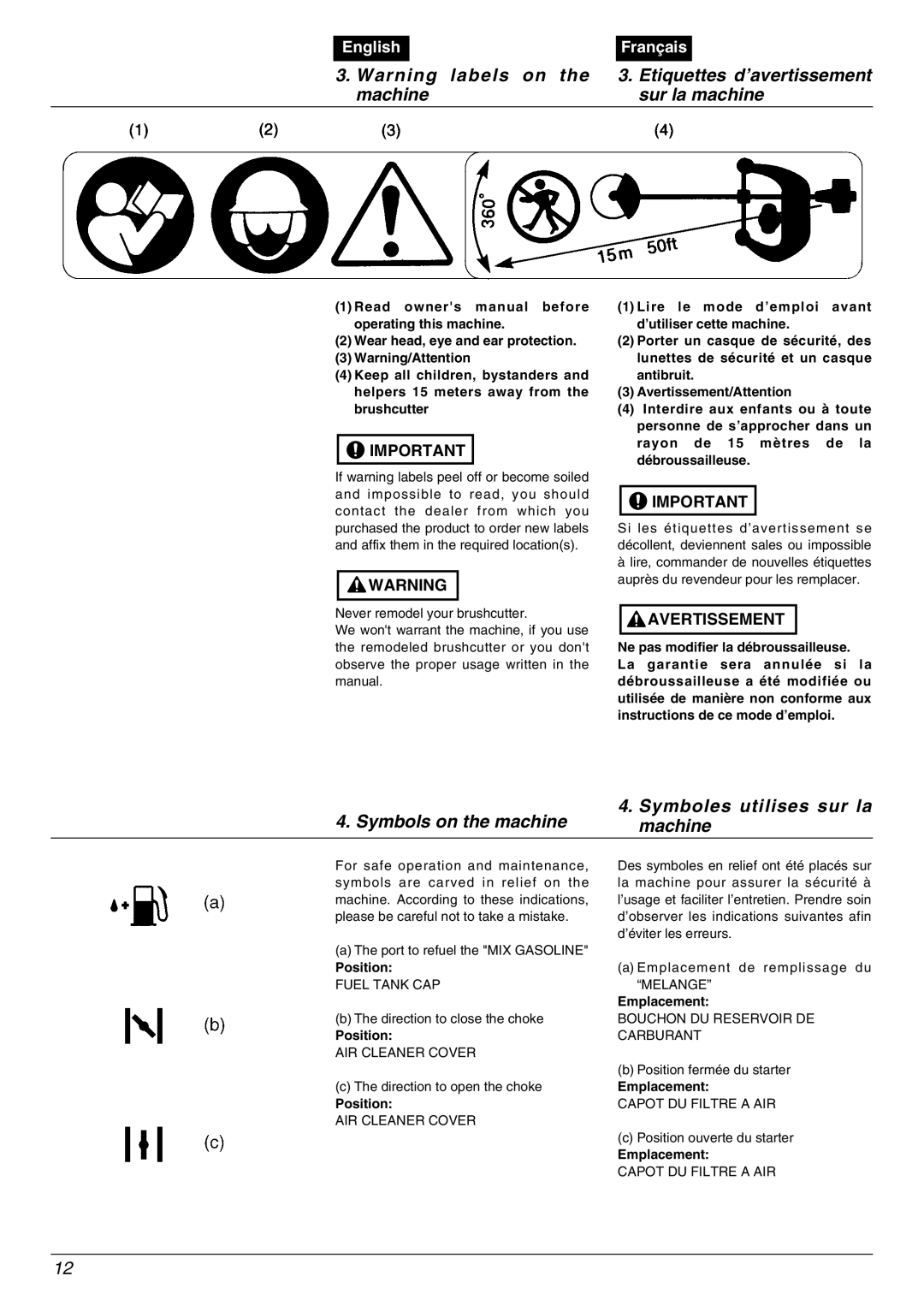 Zenoah BC2000 Etiquettes d’avertissement, Machine Sur la machine, Symbols on the machine Symboles utilises sur la Machine 