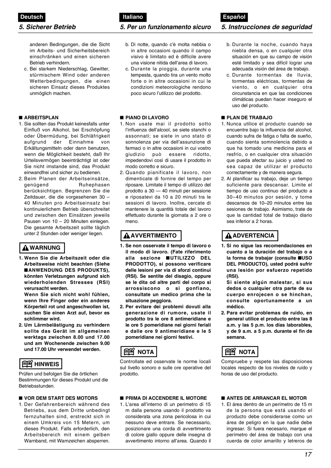 Zenoah BC2000 manual Arbeitsplan, Piano DI Lavoro, Plan DE Trabajo 