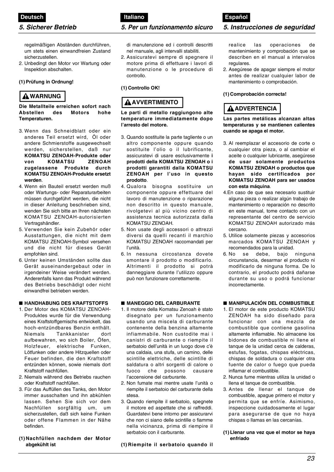 Zenoah BC2000 manual Handhabung DES Kraftstoffs, Maneggio DEL Carburante, Manipulación DEL Combustible 