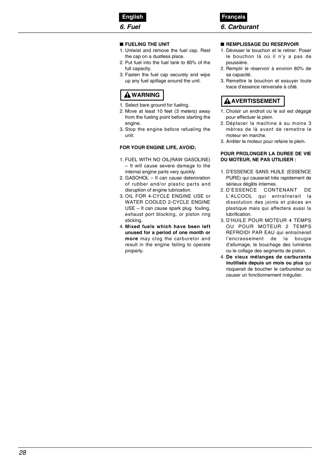 Zenoah BC2000 manual Fuel Carburant, Fueling the Unit Remplissage DU Reservoir, For Your Engine LIFE, Avoid 