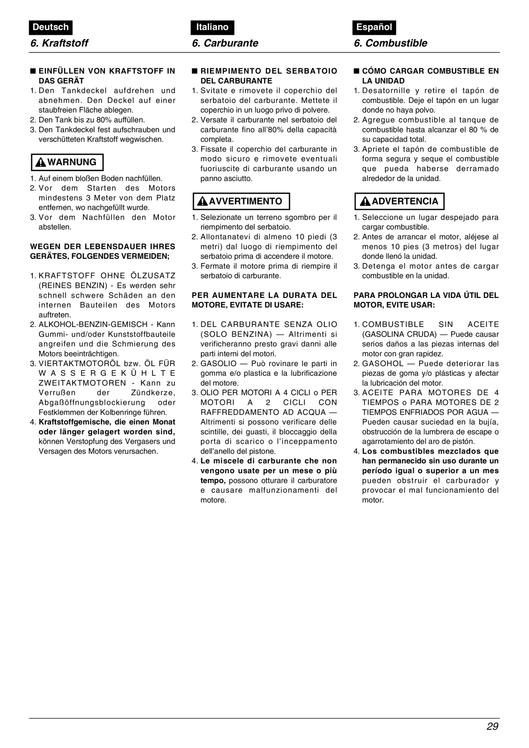 Zenoah BC2000 manual Einfüllen VON Kraftstoff DAS Gerät, Riempimento DEL Serbatoio DEL Carburante 