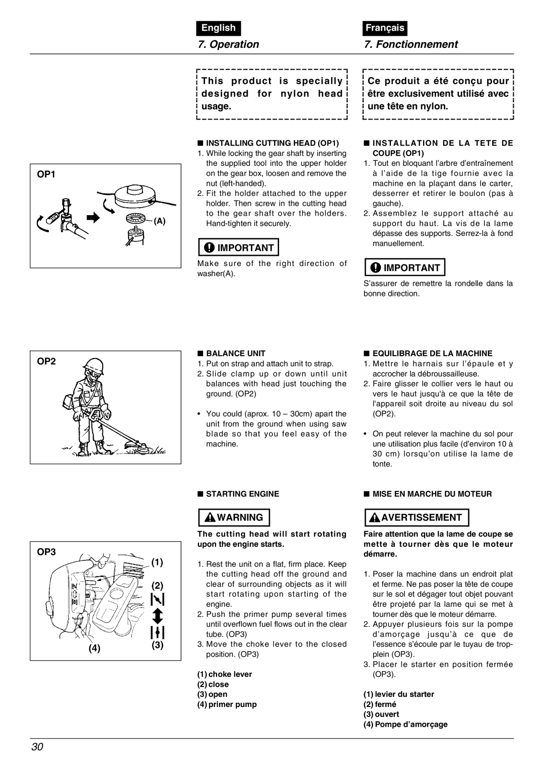 Zenoah BC2000 manual Operation Fonctionnement, OP1, OP2, OP3 